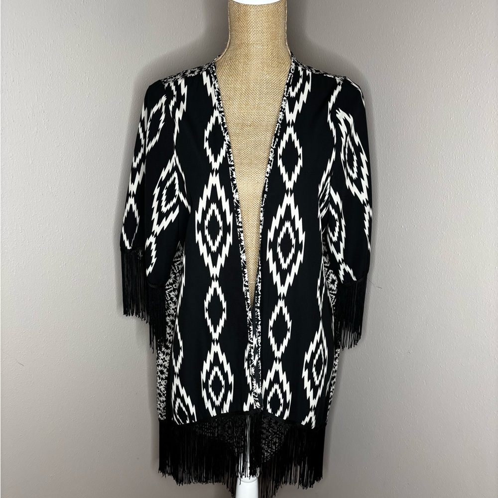 Rumors Black and Ivory Tribal Print Fringe Boho Kimono SwimCover OS Festival